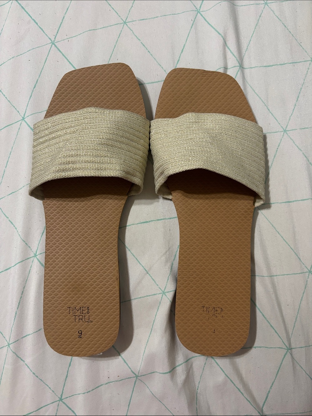 Time and Tru Cream Woven Strap Slide Sandals